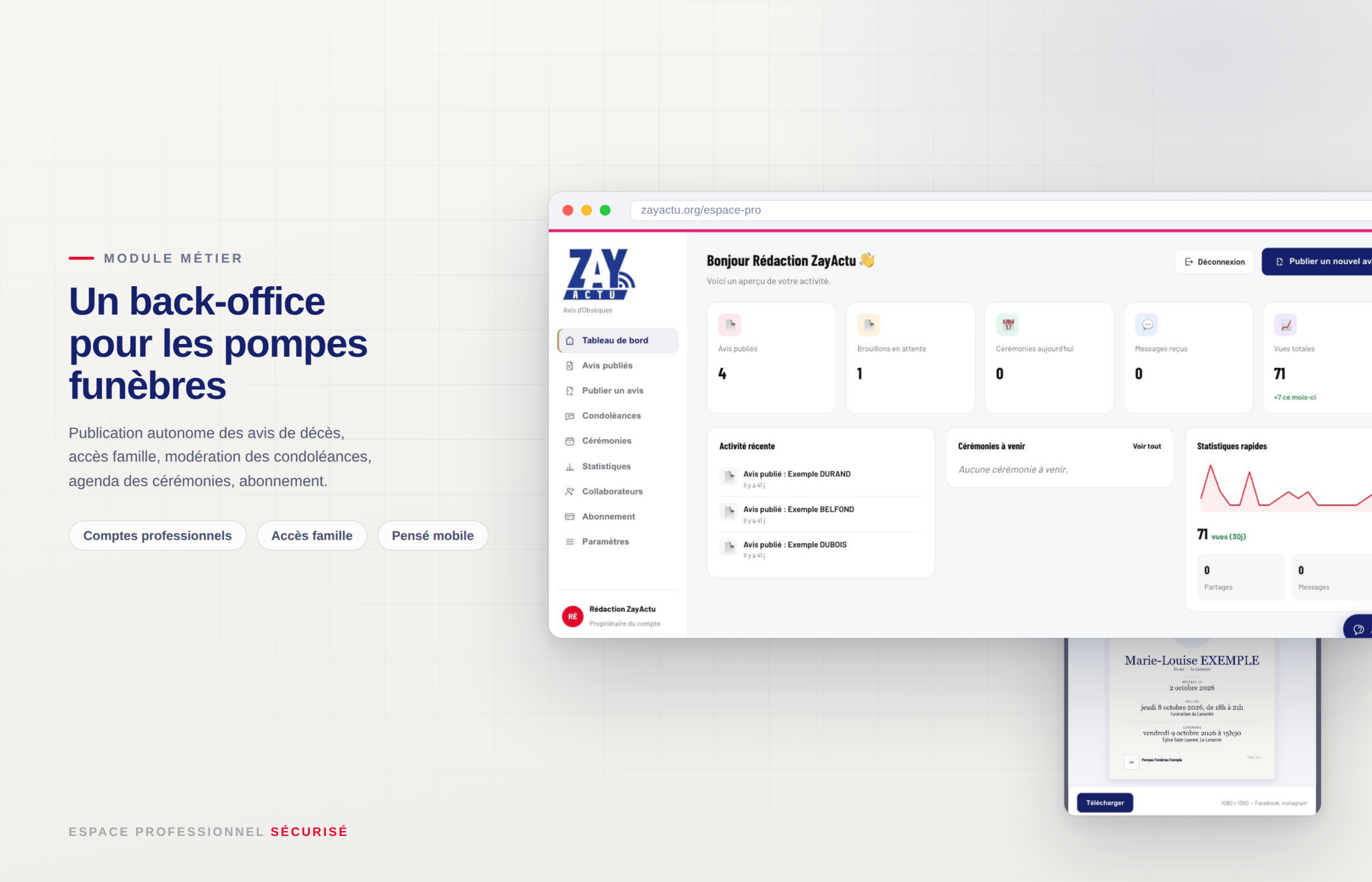 ZayActu — Espace pro obseques