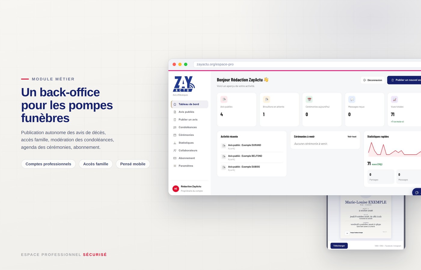 ZayActu — Espace pro obseques